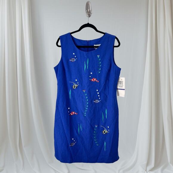 Vintage Deadstock Ultra Dress Linen Blend Sheath Dress Embroidered Fish Size 16 - Picture 1 of 12